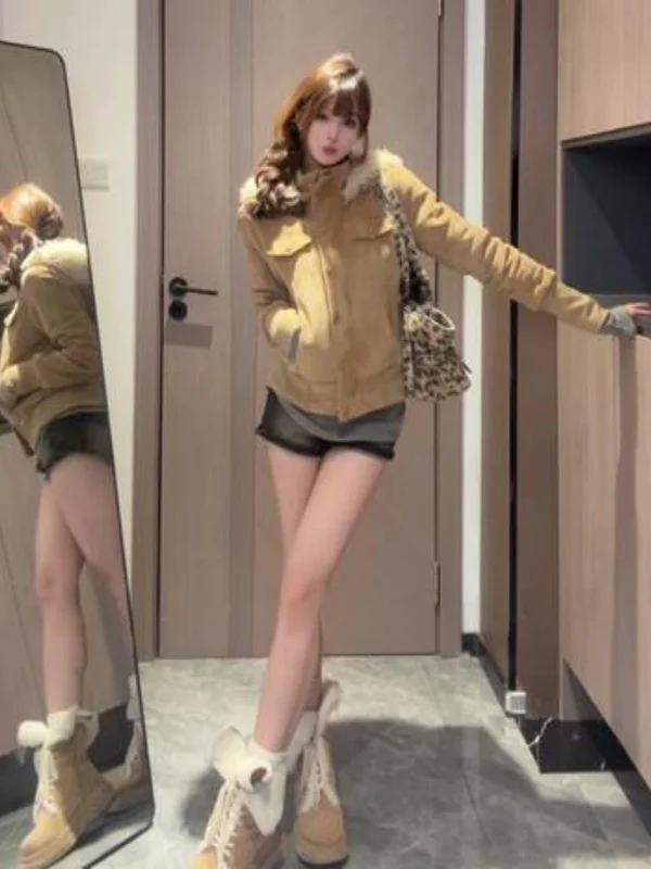 

Корейская ретро-куртка с капюшоном, модный женский топ, красивый дизайн, свободный крой, длинный рукав, теплая, на молнии