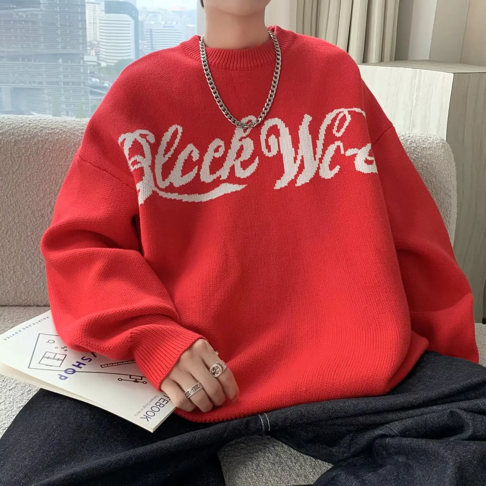 

Autumn and winter retro base round neck knitted sweater, trendy brand new letter casual sweatshirt jacket for men