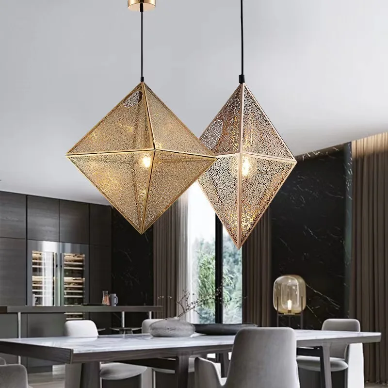 Modern Geometric Polygonal Diamond Decorative Metal chandelier Pentagonal Octagonal Hollow Carving Art Pendant Lamp