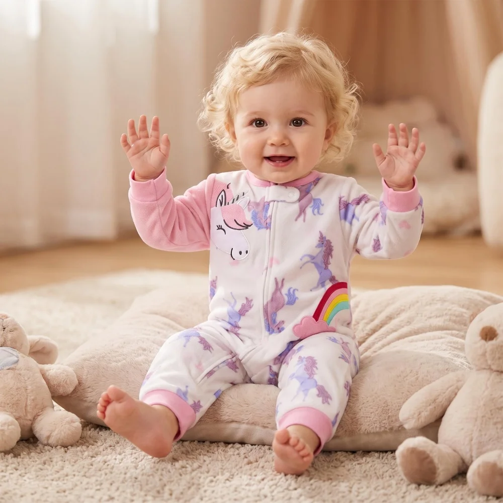Baby Girl Polar Fleece Zipper Romper Long Sleeve Cartoon Animal Print Autumn Winter Infant Jumpsuit Bebe Pajamas Clothes