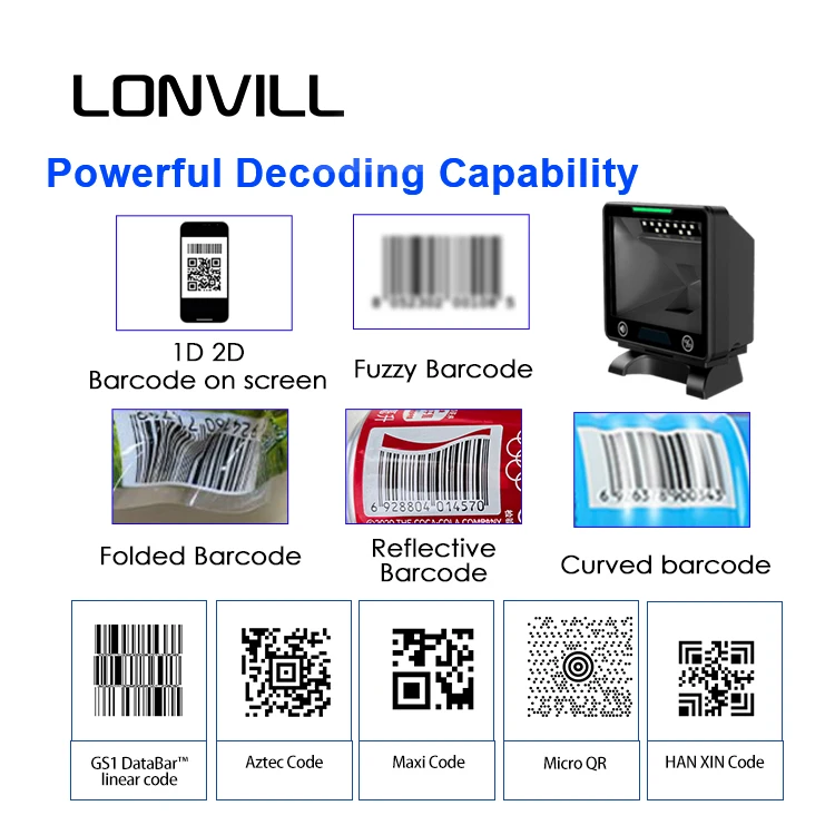 Faster Decoding Big Window Hands-free Platform On- counter QR Code Scanner Desktop Barcode Scanner for POS retail