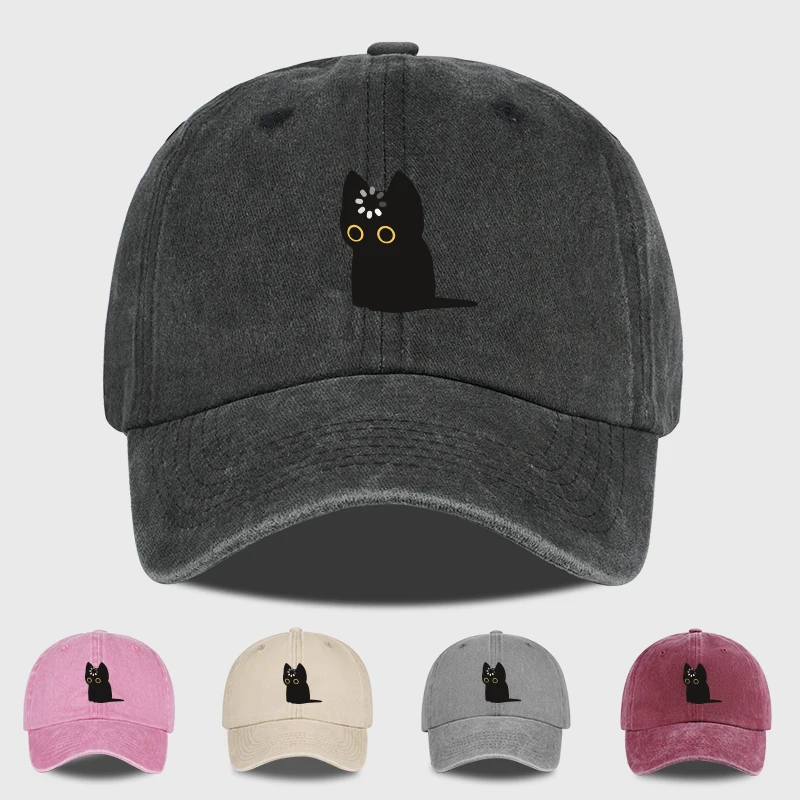 Cute Black Cat Print Washed Baseball Cap Soft, Comfortable, Lightweight, Breathable, Adjustable Adorable, Healing, Trendy, Fashi