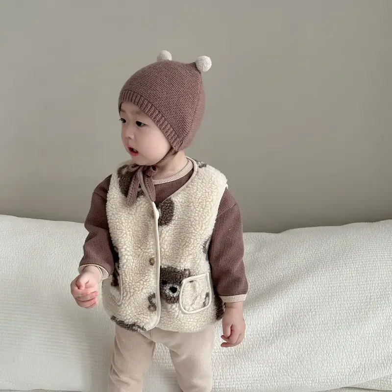 Autumn Winter Children Plus Velvet Bear Sleeveless Vest Newborn Boy Girl Cartoon Fleece Tops Coat Baby Thick Cotton Waistcoat