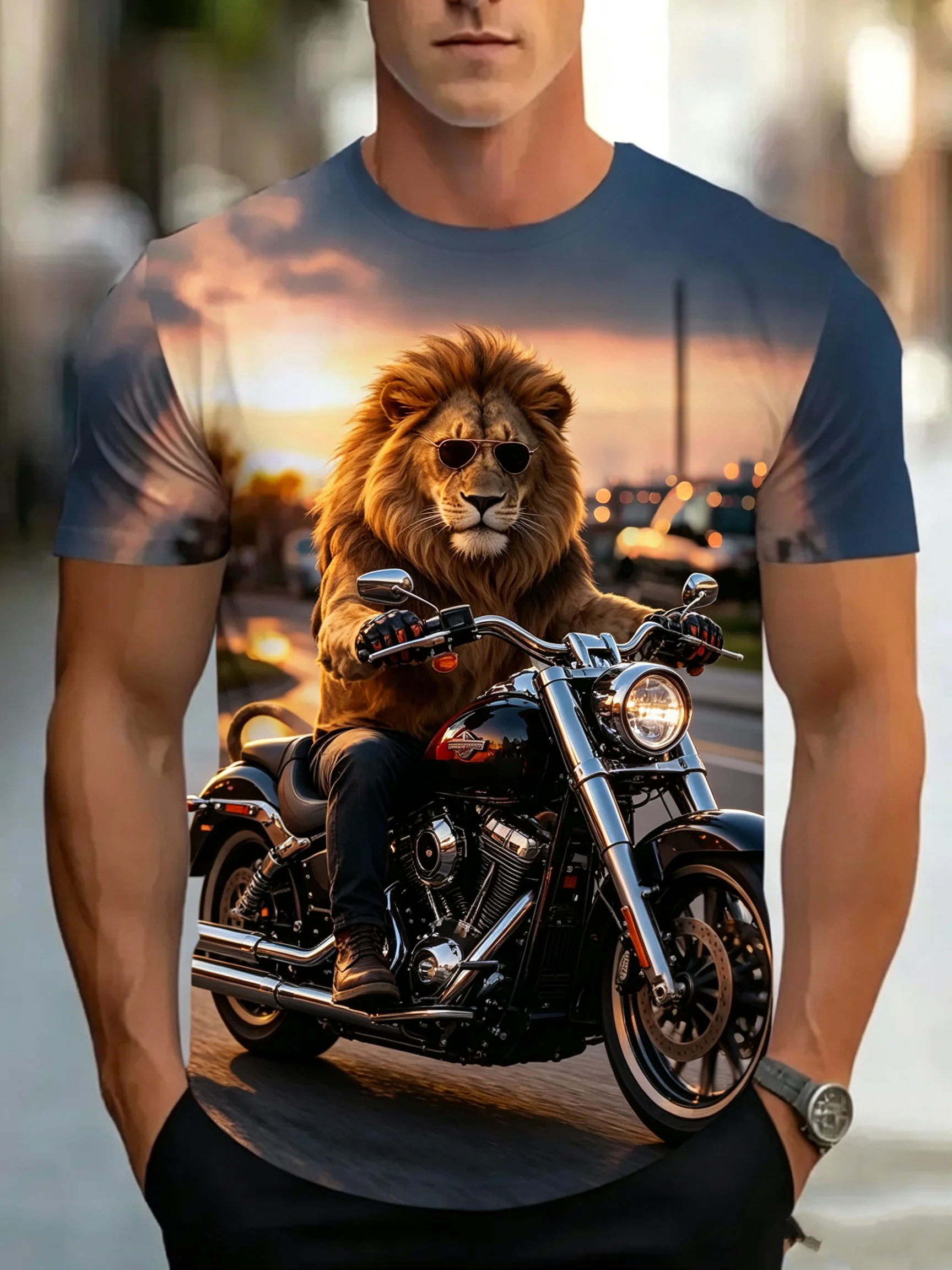3D Animal Lion Riding Motorcycle Print Men's T-shirt Fashion Casual Short Sleeve T shirt Outdoor Personality Top Summer Clothing