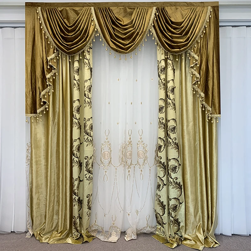 Custom European luxury living room bedroom flannelette gold yellow velvet cloth valance blackout curtain tulle drape C2005