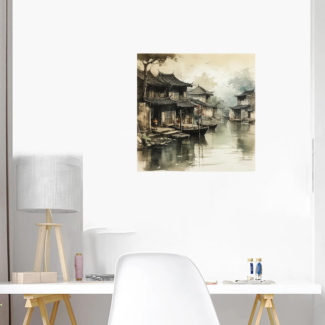 Three Ratels QL43 Classic Chinese Traditional Ink Painting Landscape Jiangnan Watertown Poster Self adhesive Art Wall Decal