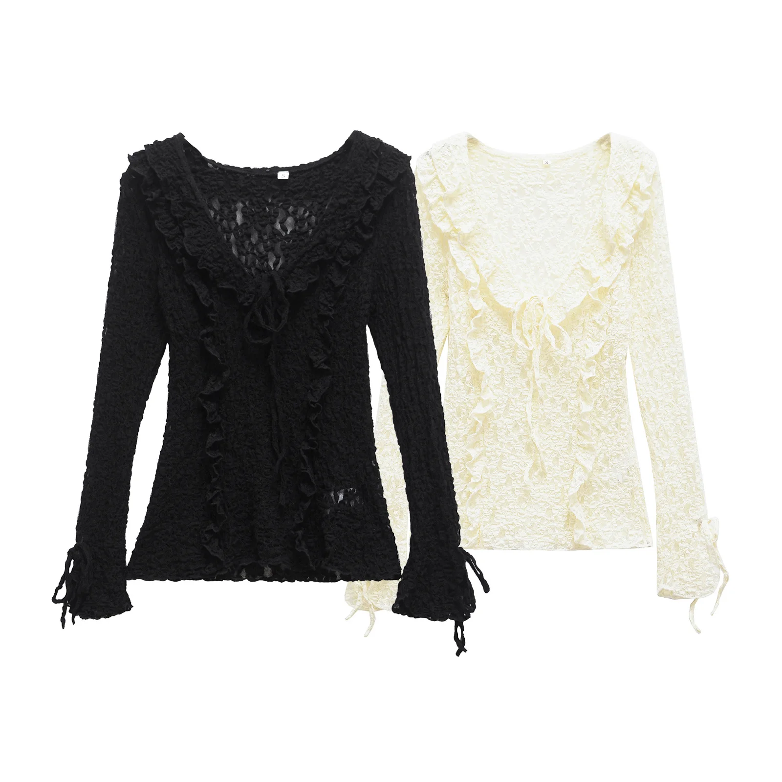 

2025 Spring and Summer New Black Lace Long-Sleeved Shirt Thin V Neck Ruffled Stacked Decorative Top Sexy Translucent Shirt