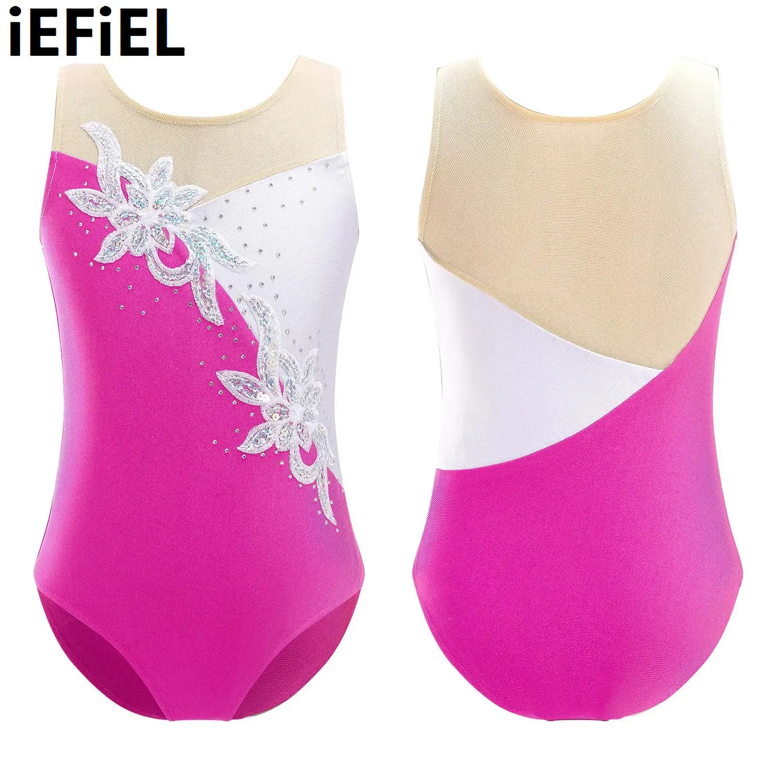 

Kids Girls Patchwork Ballet Dance Leotard Sleeveless Mesh Glittering Sequins Faux Diamonds Adorned Gymnastic Skating Jumpsuit