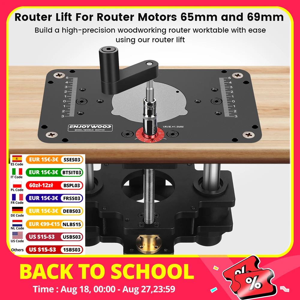 ENJOYWOOD GD7 PRO Router Lift per Router di legno da 65mm/69mm per tavolo del Router Set Up Lift con piastra del Router lavorazione del legno di precisione