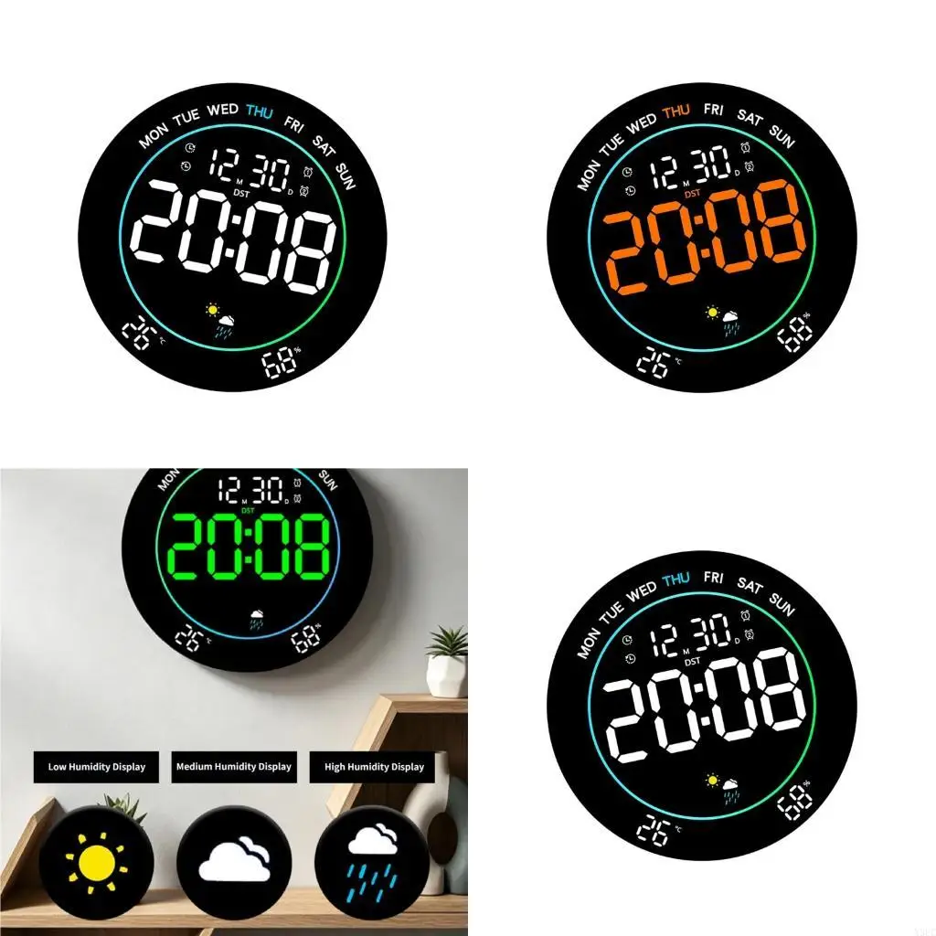 Large Digital Wall Clock,Corded LED Alarm Clocks with Date,Week,Temp,Humidity,DST for Classroom Living Room Bedroom Birthday