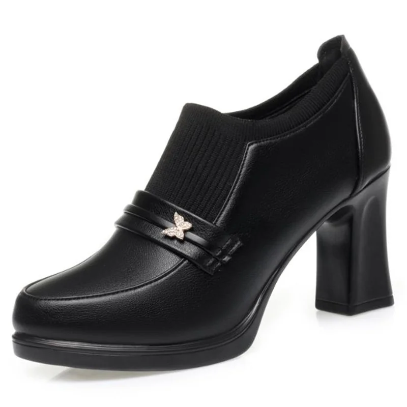 

7cm 9cm Elegant Black Block High Heels Shoes Deep Mouth Spring Thick Platform Pumps Soft Leather for Office Model Work shoes 35
