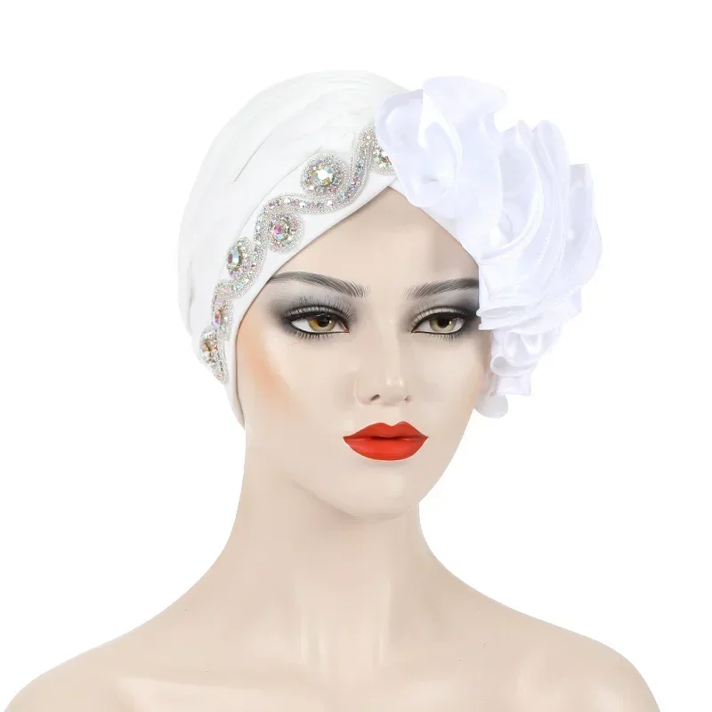 

2026 New Diamonds Turban Chemo Cap for Women Ruffled African Head Wraps Nigeria Wedding Party Female Headscarf Bonnet Hat Mujer