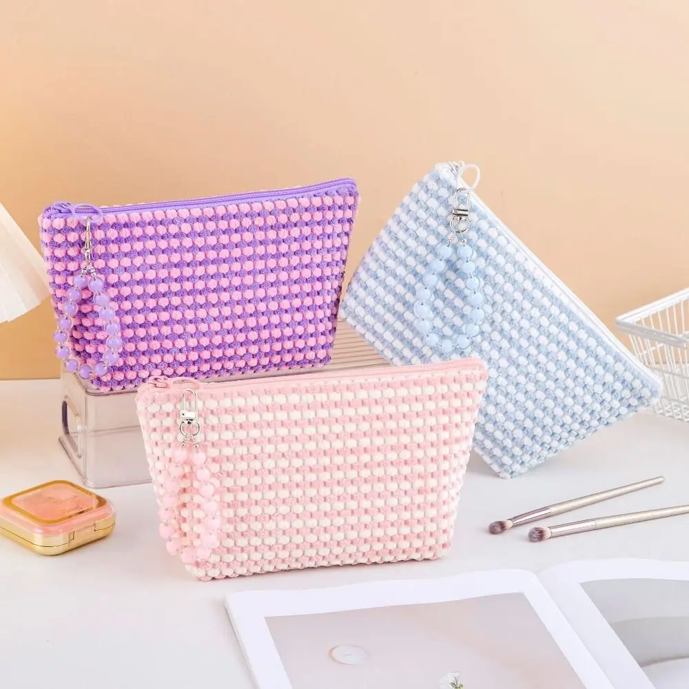 

With Bead Bracelet Women Cosmetic Bag Plaid Portable Plush Cosmetic Case Multi-functional Handheld Toiletries Storage Pouch