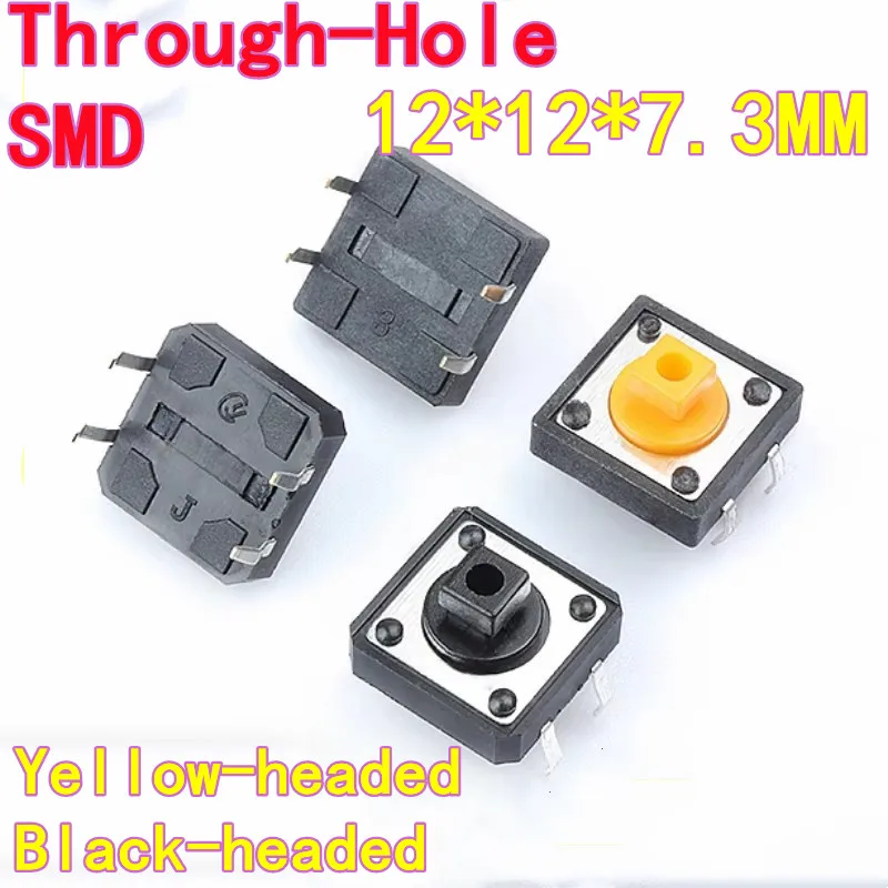50pcs Yellow/Black-headed Tact Switch/Micro Switch/Push Button 12*12*7.3MM Square Head Vertical Type B3F-4055-L4 Through-Hole