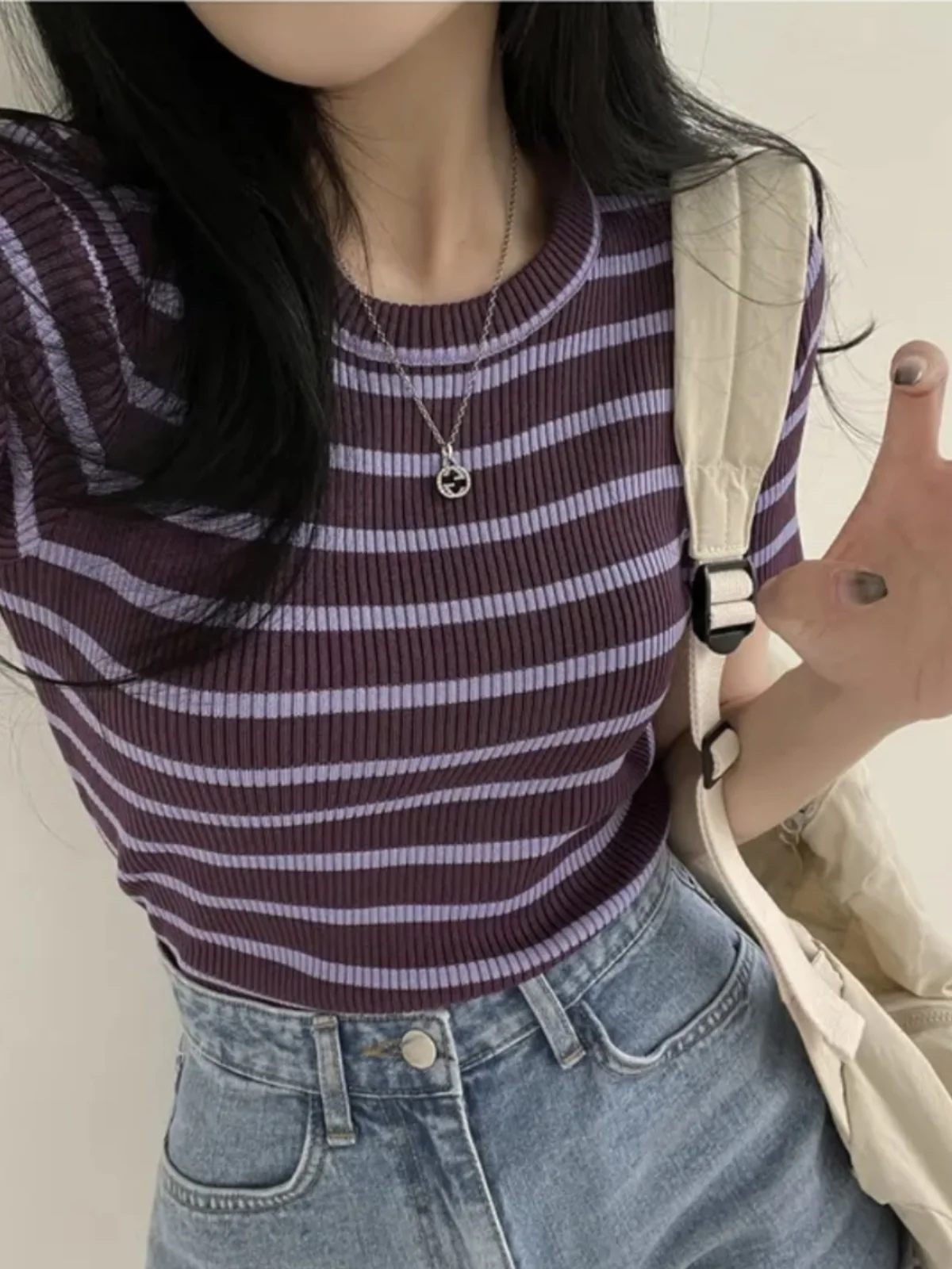 Top lavorato a maglia ort Sve in seta di ghiaccio estiva slim fit da donna rotondo Ne Stripe Color Blo Casual Versatile Faionable irt