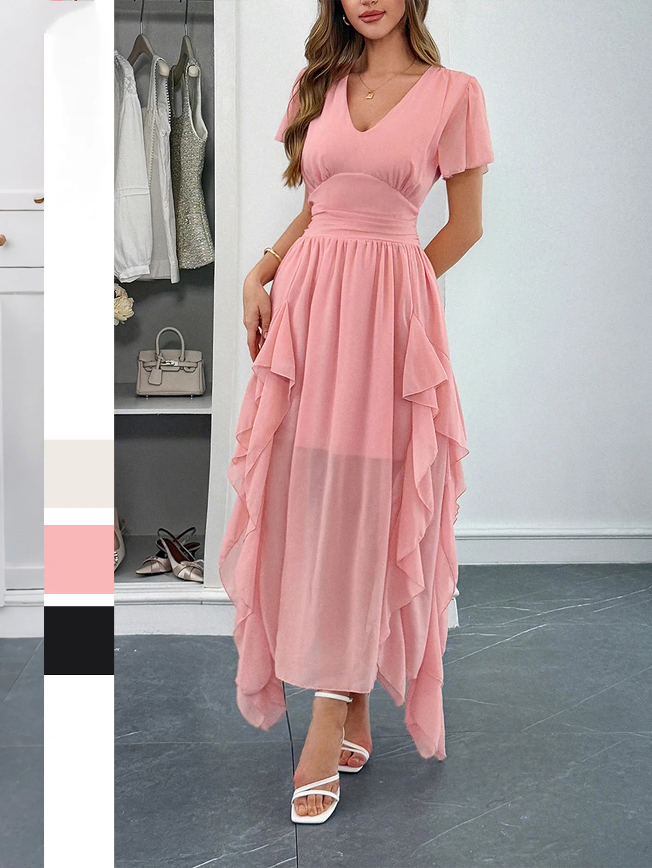 

Women's Dress Leisure Vacation Style Short Sleeved Waist Tied Long Skirt Dress Simple Commuting Style Casual Dress for Women