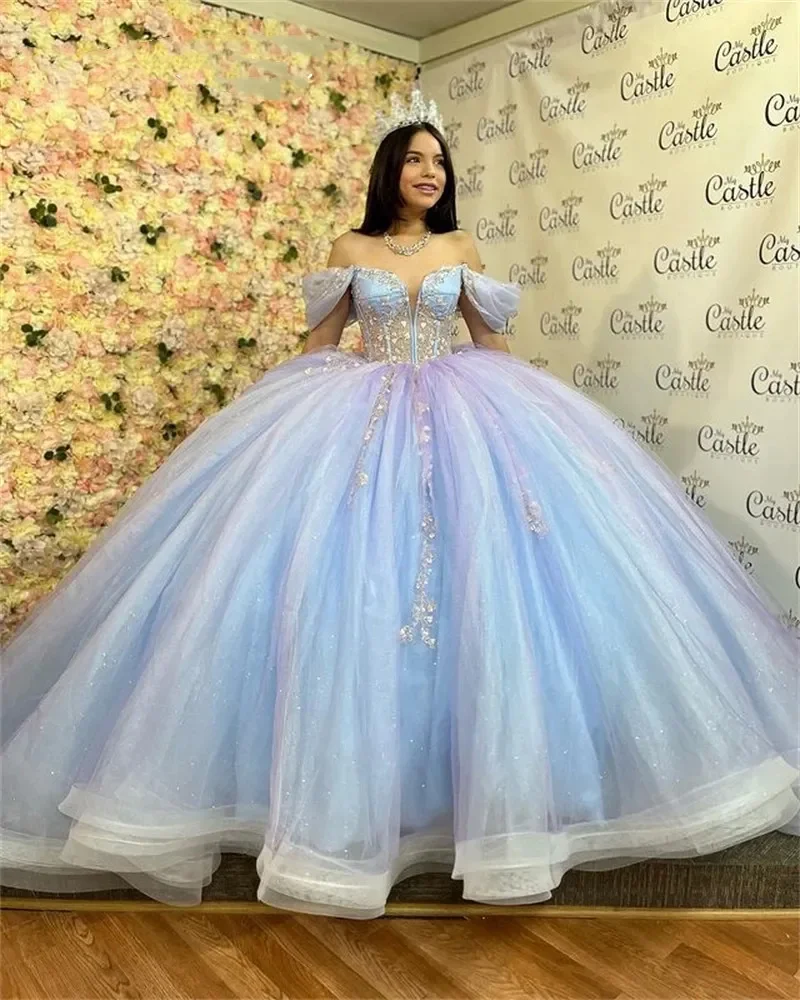 Princess Ball Gown Quinceanera Dresses Beaded Birthday Prom Dresses For Girl Appliques Lace Up Back Pageant Graduation Gowns