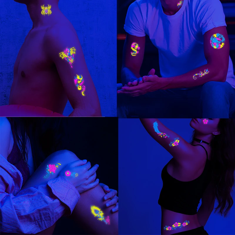 Luminous Temporary Tattoos Stickers Glow Fluorescent Waterproof Tattoo Spider/Flower  Stickers for Arm Body Art Night Bar Party