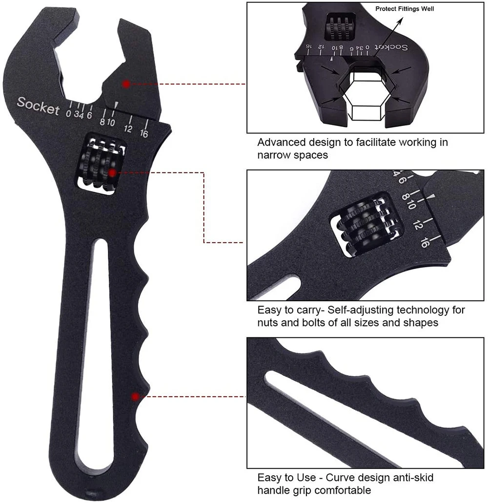 

Adjustable An Fitting Wrench 3AN-16AN Fitting Spanner Lightweight Aluminum，for An Hose Fitting Adapters End Black
