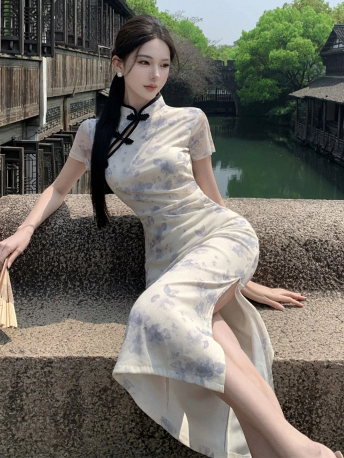 

Новое китайское платье-ципао в стиле Qipao: сексуальное, облегающее, летнее, с высокой талией, разрезом, из хлопка, с коротким рукавом, с принтом, фасон H-Line, облегающее платье-бодикон.