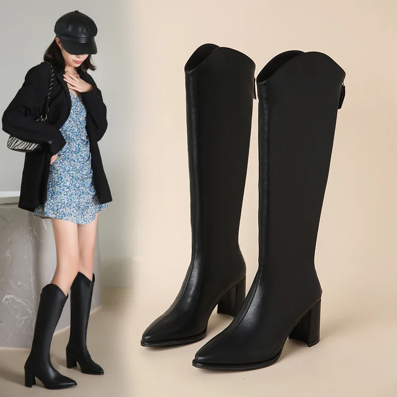 New Knee High Mid Heels Fashion Chelsea Boots Women Shoes Winter High Boots Chunky Goth Knight Boots Mujer Zapatos 2023