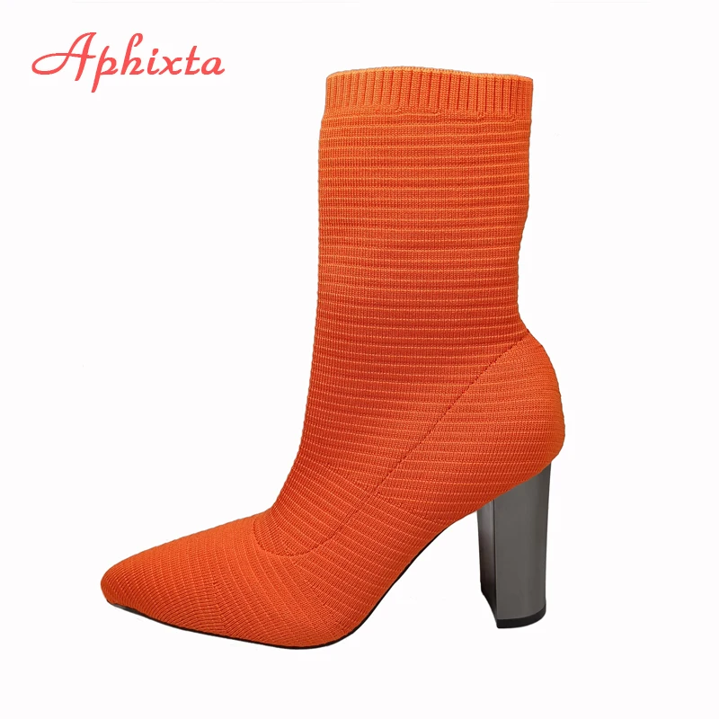 Aphixta 2022 Orange Sock Boots Women 9cm Metal Square Heel Stripe Elastic Stretch Fabrics Kniting Pointed Toe Shoes Plus Size 42