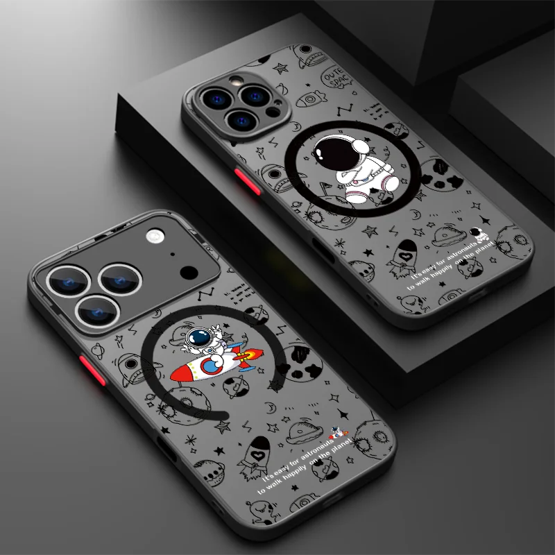 Magnetic Space Astronaut Case For iPhone 15 Pro Max 14 Pro 13 12 11 16 16e 17 Air Back Cover Coque For Magsafe Wireless Charge