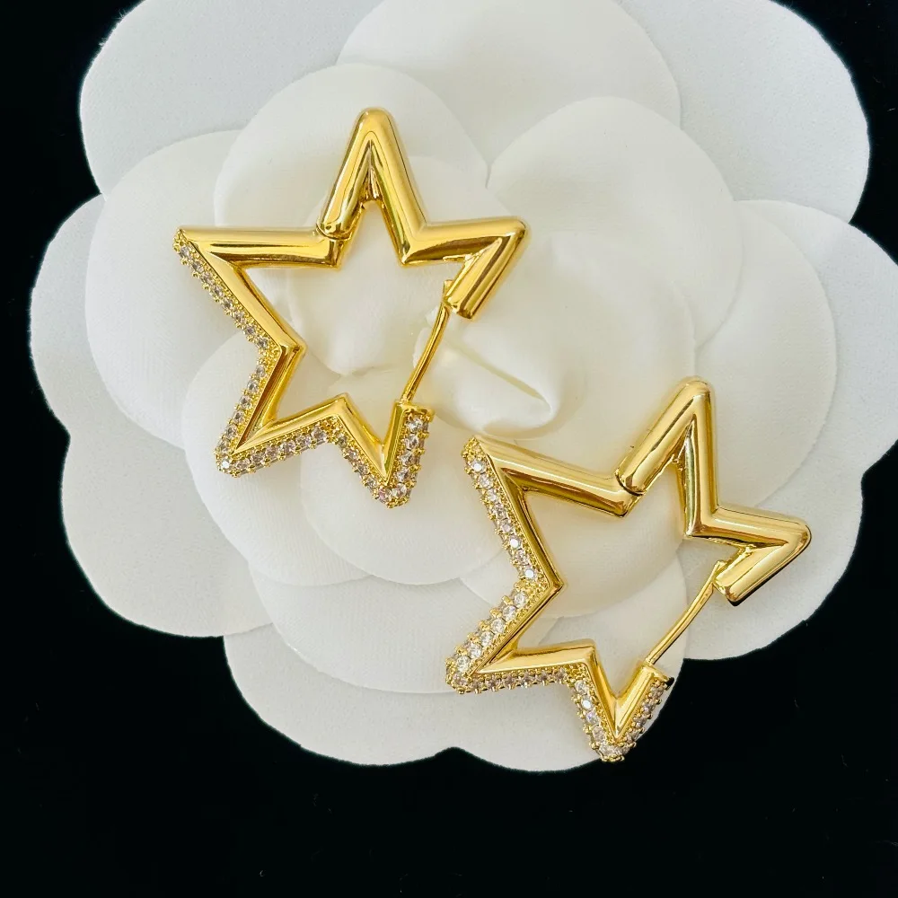 Free Shipping Pentagram Earrings Fashion women\'s Earrings Golden Jewelry Sparkling Zircon Girls Christmas Gift Wholesale