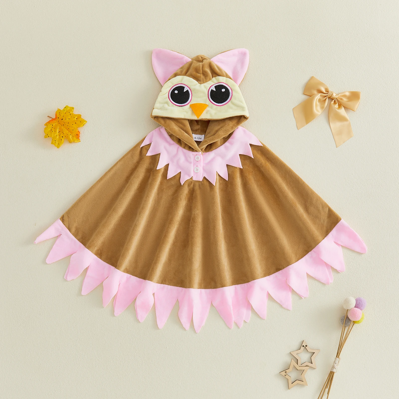Kids Hooded Cloak Cape Button Front Owl Poncho with Tassel Hem
