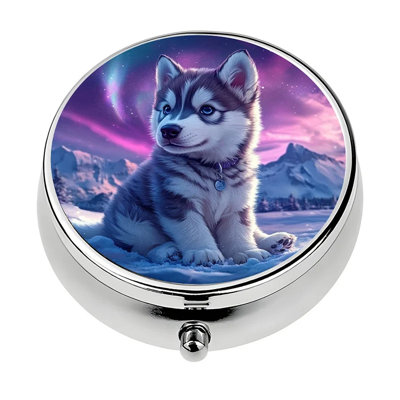 1 Cute Siberian Husky Puppy Mini Pill Box with 3 Compartments, Metal Texture and Plastic Material - Husky-Themed Pill Box, Suitable for Siberian Husky Enthusiasts, Portable Medicine Box, Capsule Storage Box, Unique Gift for Dog Owners
