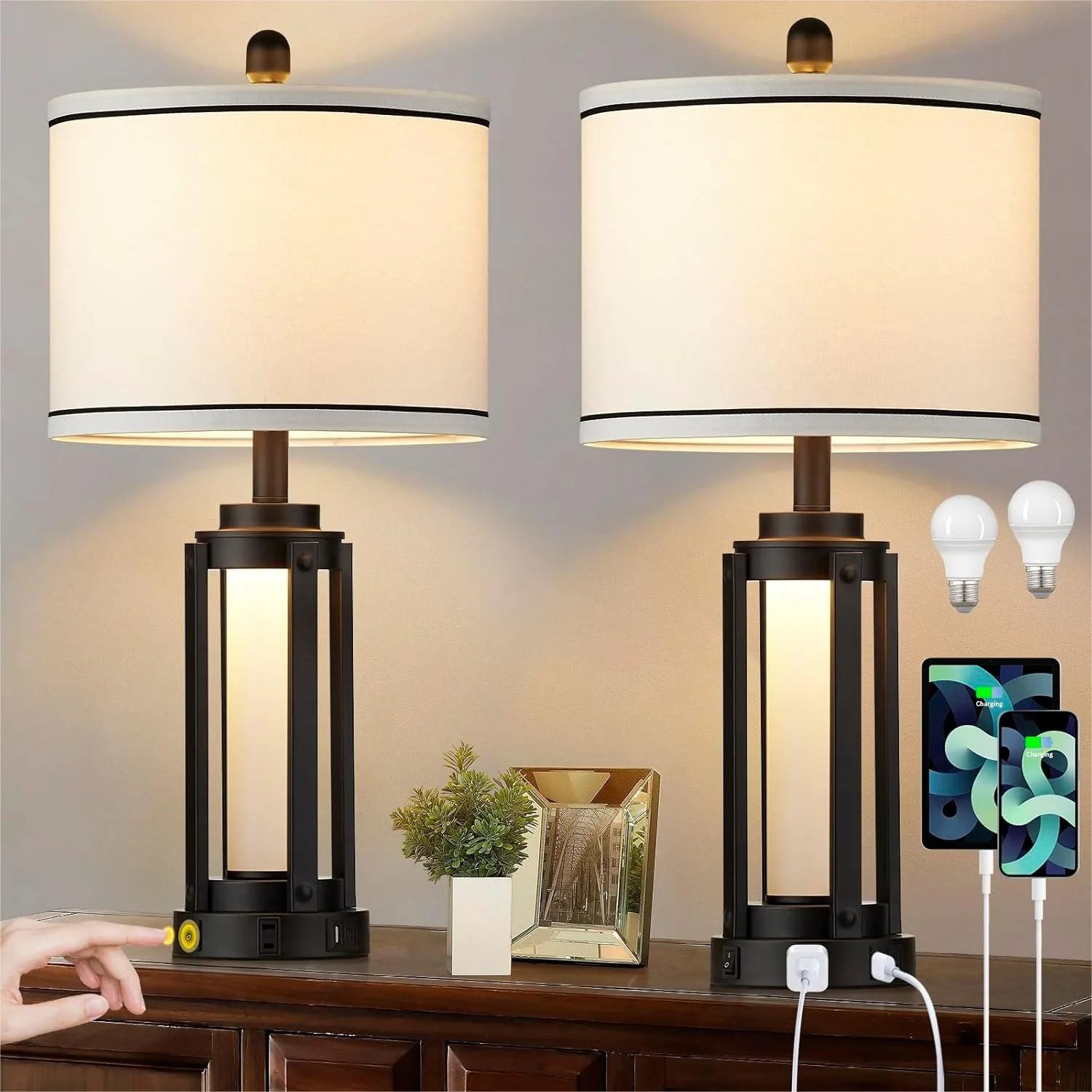 25" Modern Table Lamps Set of 2, Industrial Bedside Lamps with USB A+C Charging Ports & AC Outlet, Nightstand Lamp with Glass