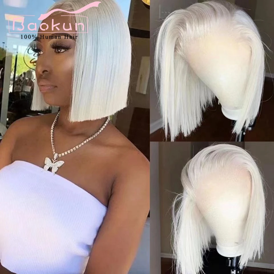 13X4 Platina Blonde Kort Krullend Menselijk Haar Pruiken Glueless Remy 13X6 Hd Lace Frontale Pruik Bob Straight Lace Front Pruiken Voor Vrouwen