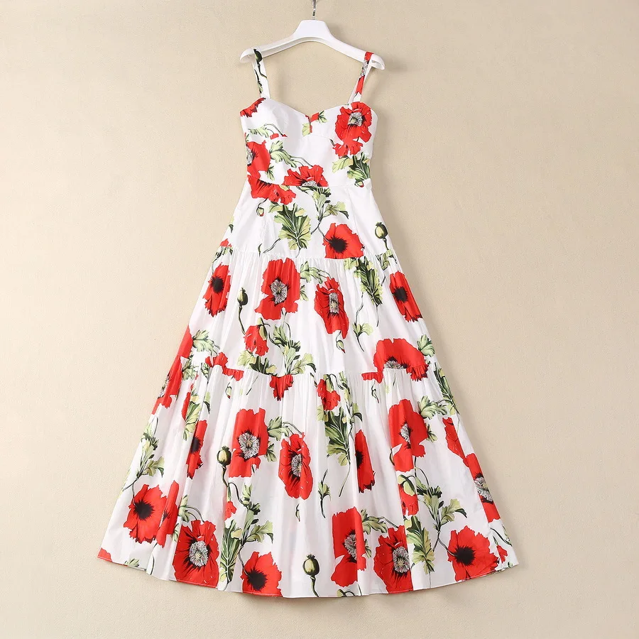 

Europe and the United States women's 2024 summer new suspenders V-neck Flower printing fashion Cotton pleated dress