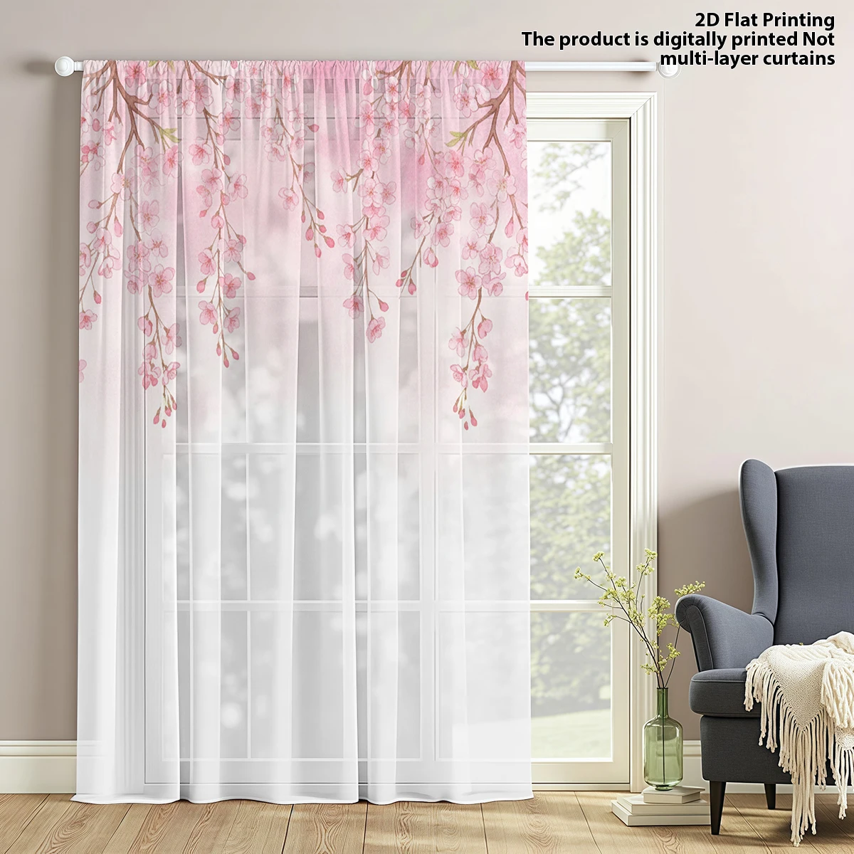 Rod Pocket Weeping Cherry Blossom Sheer Curtain Pink Sakura Print Light Filtering Window Drapes for Bedroom Living Room 1 Panel