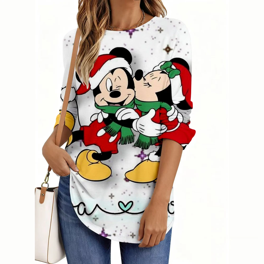 

Женские футболки 2021, рождественская серия Disney с принтами, элегантные модные футболки, футболки с длинными рукавами, обычные топы с круглым вырезом, повседневные пуловые футболки