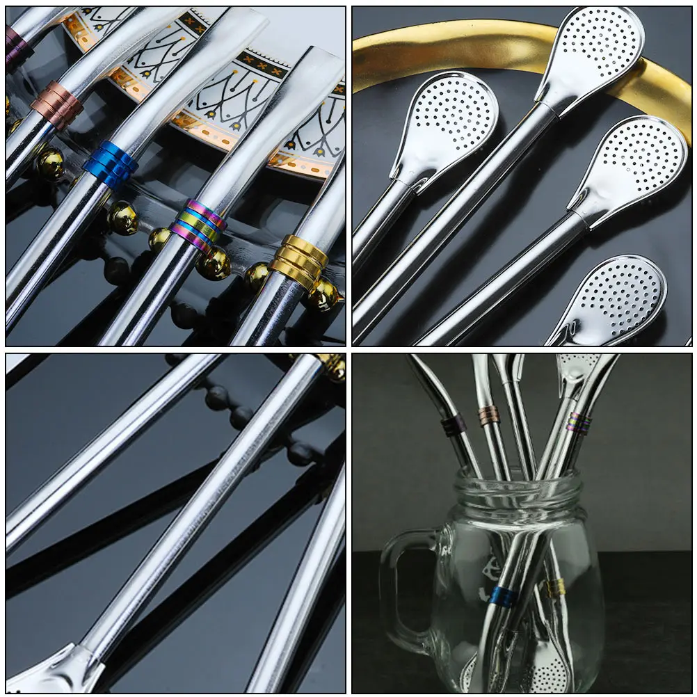 

5Pcs Stainless Steel Straw Spoon Strainer Flat Mouth Hollow Tail Coffee Tea Filtering Stirring Mixing Spoon Portable Lightweight