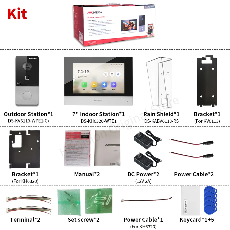 Hikvision Original 1080P Video Intercom Kit Smart Home Two-way Talk Doorbell Camera DS-KIS603-P(C) With DC Power Rain cover Card