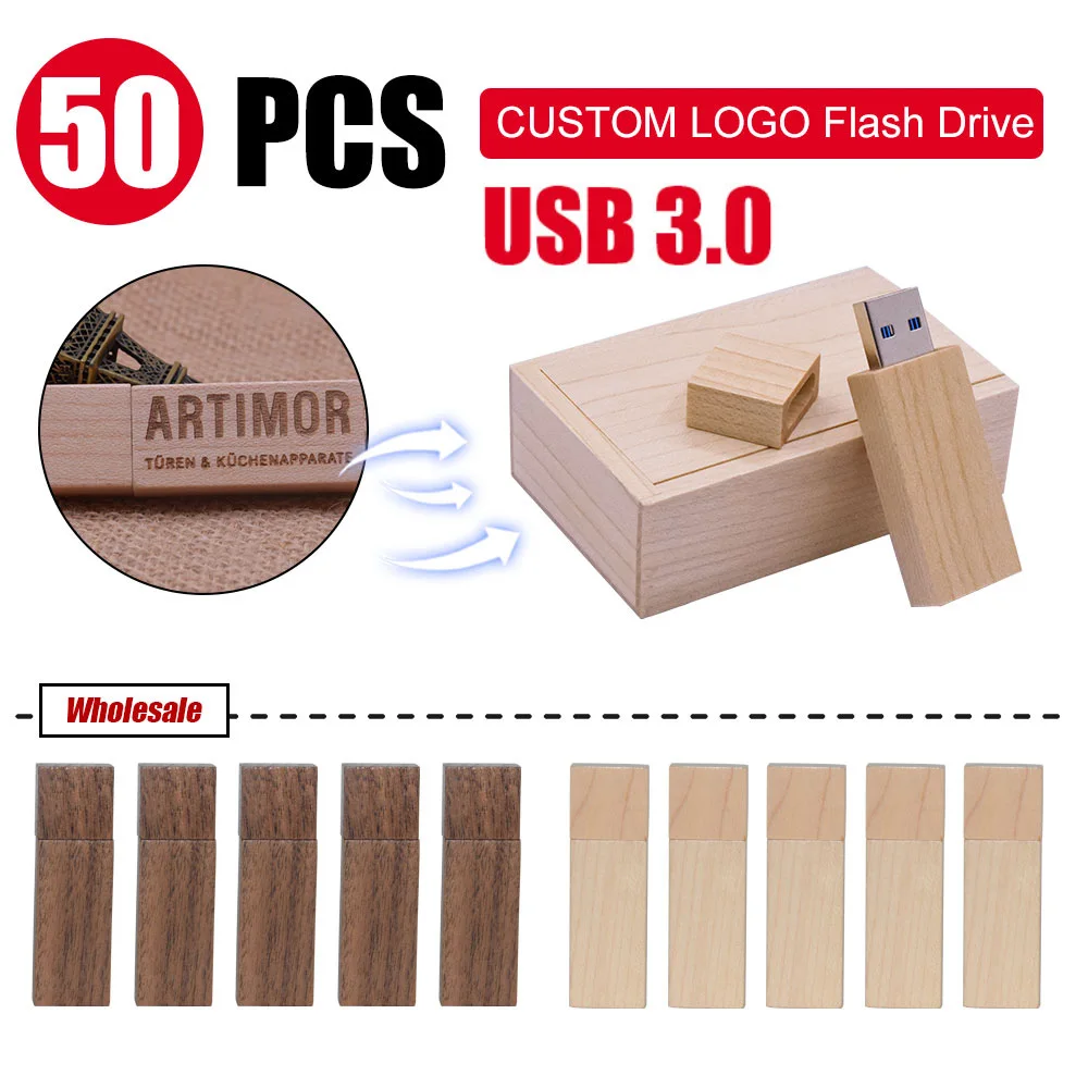 50pcs/lot Custom Logo Wooden 3.0 USB Flash Drive Pen Drive 8gb 16gb 32gb 64gb128gb Pendrive Usb Stick Photography Business Gift