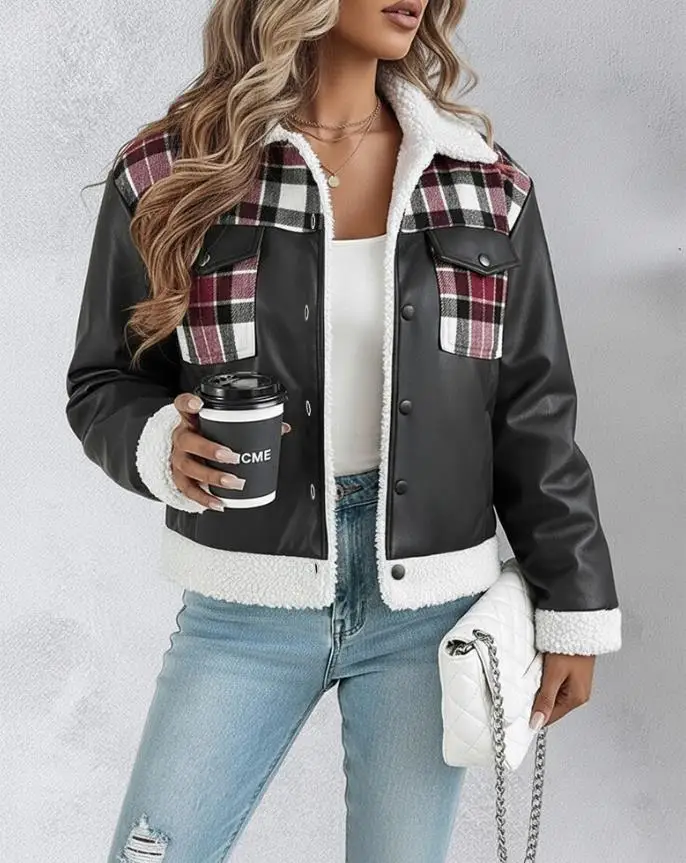 

Куртка из искусственной кожи в клетку с принтом в стиле пэчворк, теплая куртка на подкладке, повседневная теплая куртка с карманами из искусственной шерсти