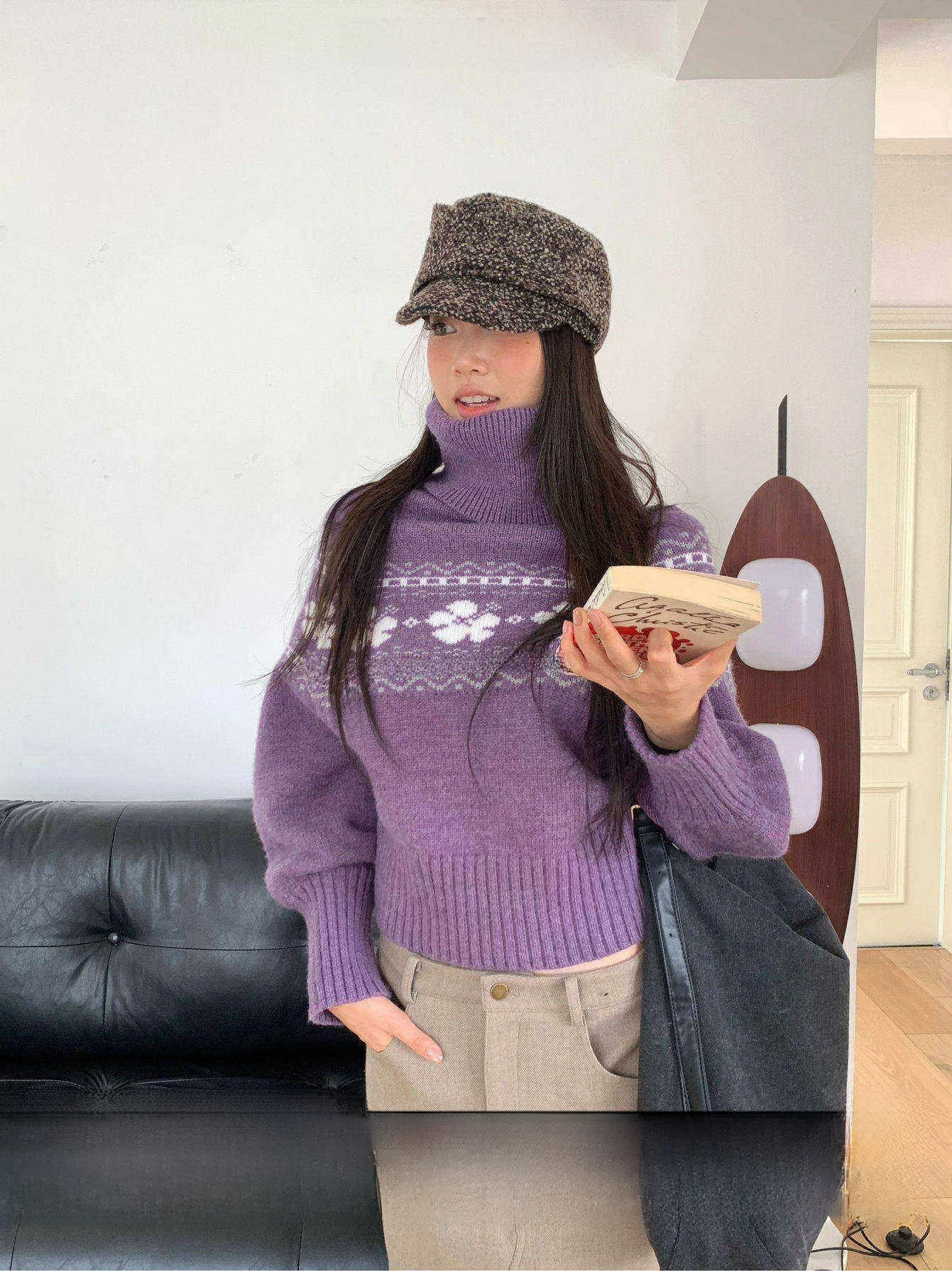 

Fortunee Autumn Winter High Ne Knitted Sweater Women's Loose ort Flower Embroidery Warm Commute Sle Long Sve Top