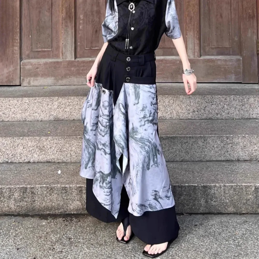 Culottes Irregular Classic Ink Tie-Dye Casual Hakama Culottes Contrast  Streetwear Wide-Leg Pantskirt Men'S Clothing Unisex 2024