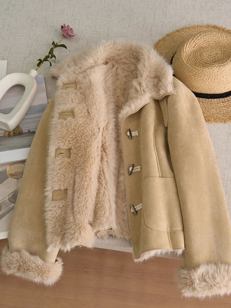 

Women Faux Shearling Jacket with Faux Fur Collar & Cuffs Toggle Closure Short Winter Warm Loose Fit Coat for Casual Daily Wear