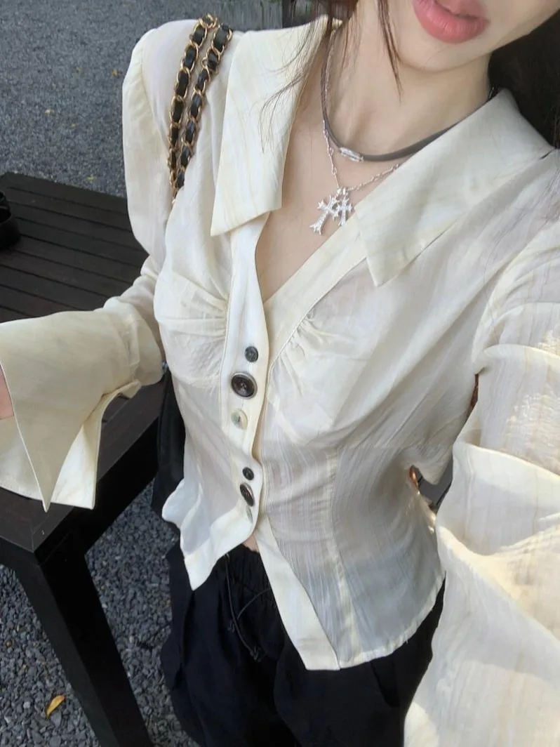 

Slim Fit Long Sleeve Shirt Women's Summer Texture Folded French Style Collar Casual Commute Polyester Fiber 100%
