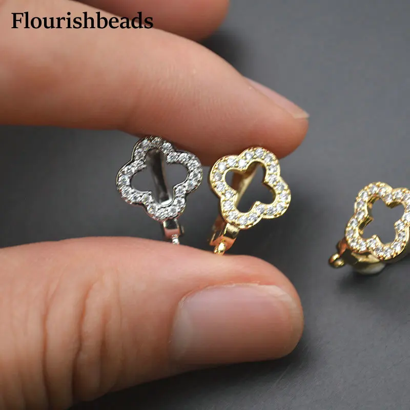 30pc High Quality Gold Silver Color CZ Beads Paved Clover Flower Shape Earring Hook Leverback Clasps For DIY Jewelry Making