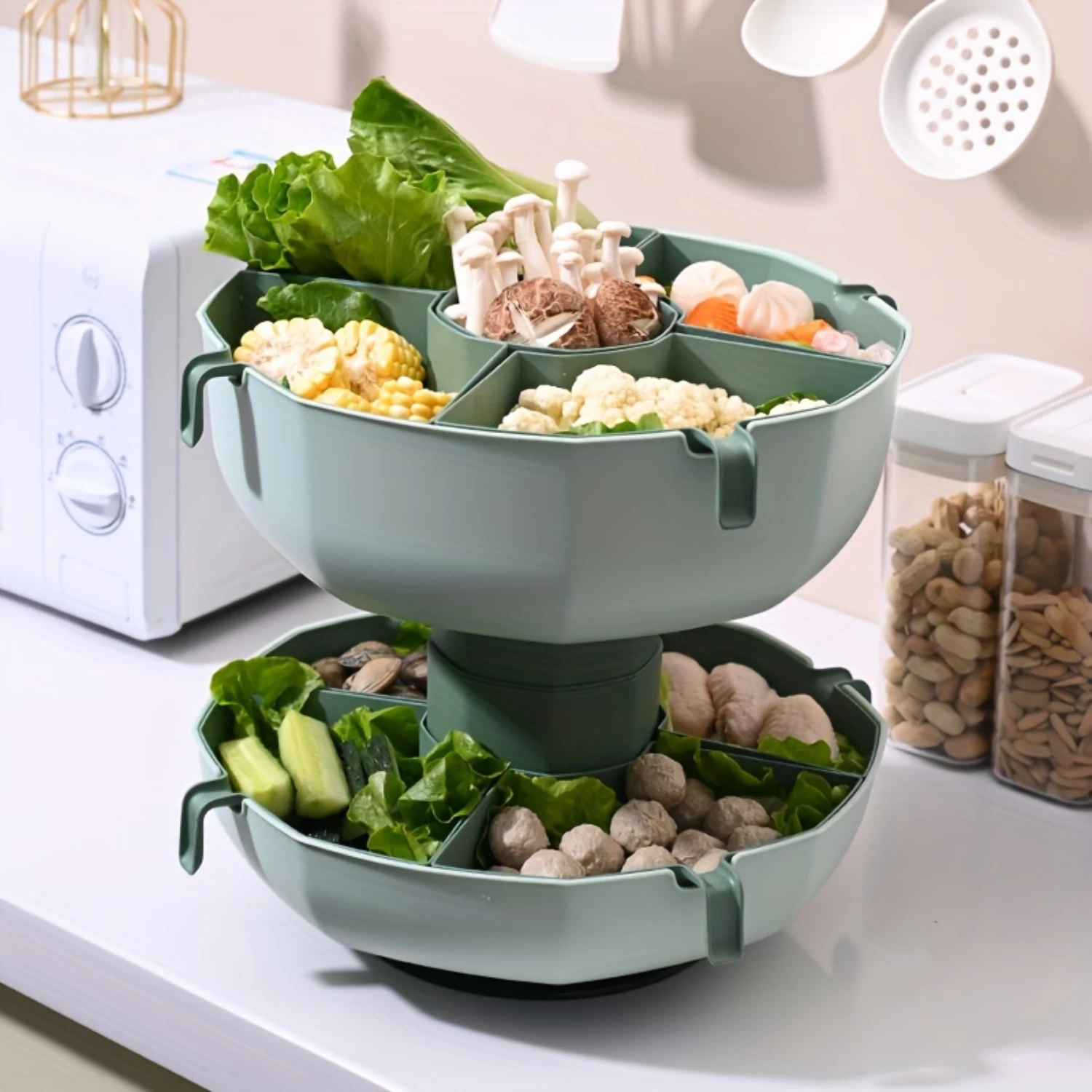 1pc Vegetable Plate And Fruit Plate, 1/2-layer Rotating Hot Pot Drain Basket, Split Household Multi-purpose Rotatable Colander,