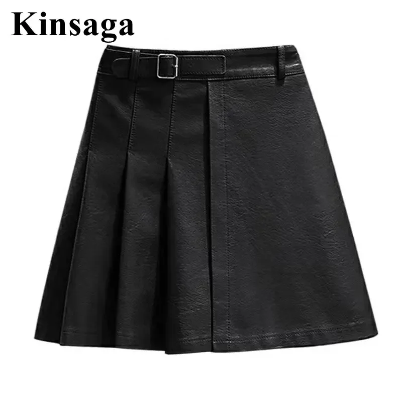 Street Y2k Faux Leather Belt Mini Pleated Skirt 3XL Women Fairy Grunge Punk High Waist Green PU Skirt Female Black Party Outfits