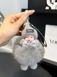 Real Fox Fur Pompom Sleeping Baby Doll Keychain Cute Fluffy Plush Doll Keychains Doll Bag Charm Women Girl Cars Key Ring Gift