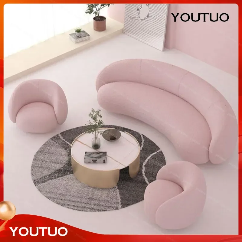  Cream Wind Pink Lamb Wool Curved Sofa Living Room Home Light Luxury Internet Celebrity Lazy Sofa Coffee Table Combination