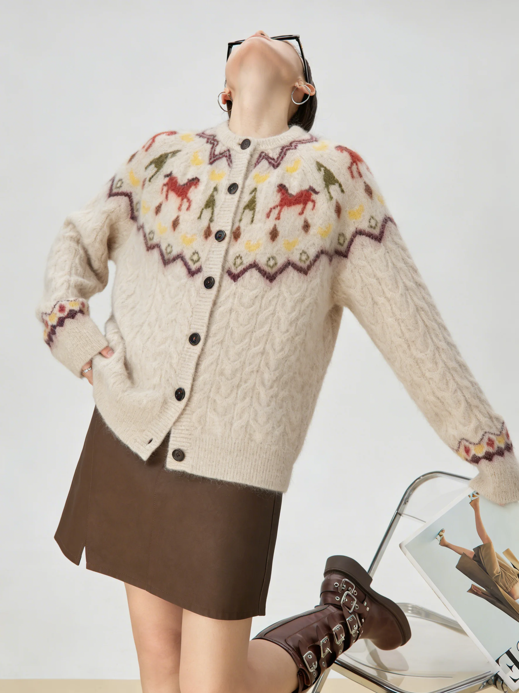 Milk  Fair Isle  Pattern Knitted Fleece Sweater Cardigan Women's Winter Unique Beautiful Inner Knitted Top