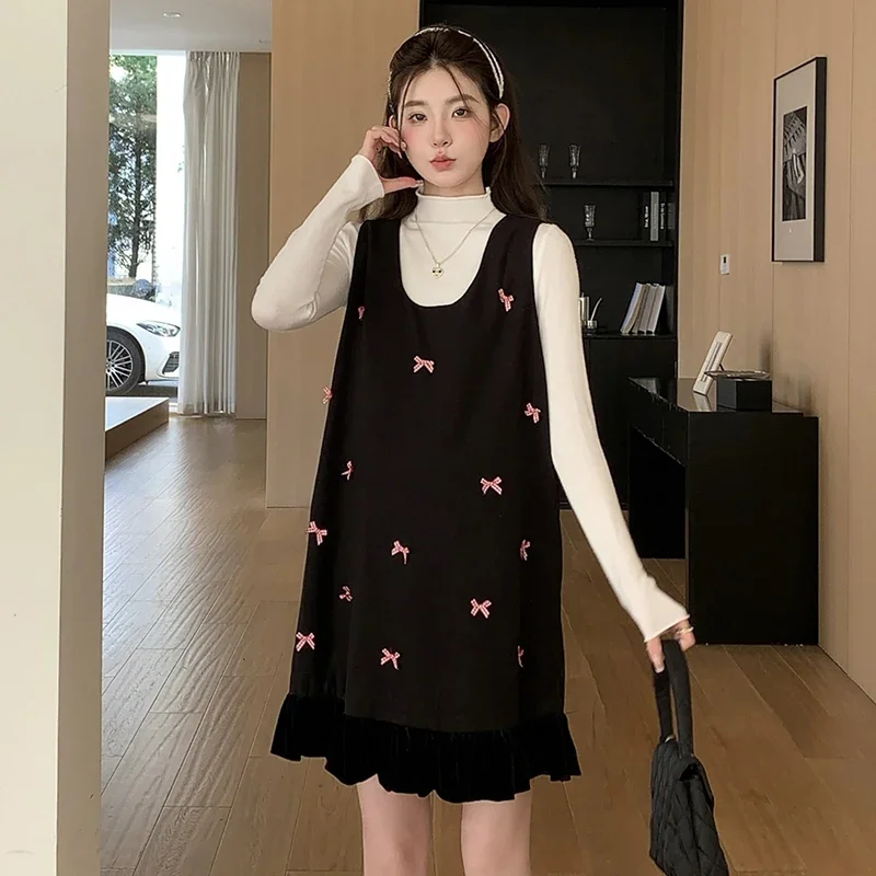 Autumn Winter Short Maternity Clothes Set Fashion Slim Top Bowknot Woolen Sundress Twinset Pregnant Women's Dress Suits Sweet